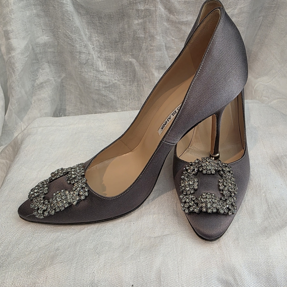 Manolo Blahnik Grey Satin Hangisi Sapphire Heels with Embellished Buckle